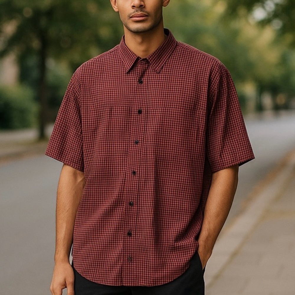 DOCKERS Men's size Large Linen blend Burgundy Check short sleeve Casual Shirt